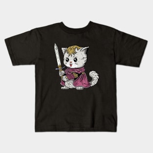 Cute Cat Warrior With Giant Sword Weapon and Red Hood Kids T-Shirt